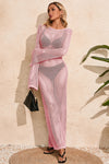 Fisoew Women's Pink Crochet  Long Sleeve Sexy Swimsuit Maxi Dress - Fisoew
