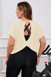 Fisoew Women's Beige Plus Size Open Back Workout Tops