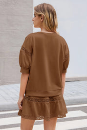Womens Brown Lace Trim Puff Sleeve Two Piece Skirt Set Fisoew - Fisoew
