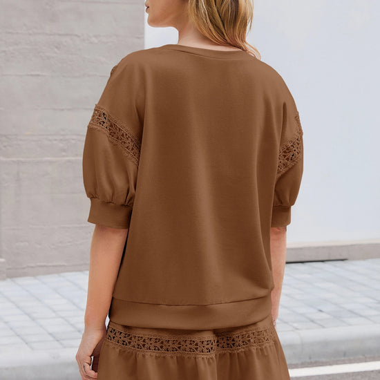 Womens Brown Lace Trim Puff Sleeve Two Piece Skirt Set Fisoew - Fisoew