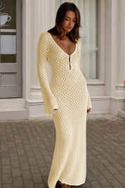 Fisoew Women's Off-white Long Sleeve Sexy Bodycon Summer Knit Dresses - Fisoew