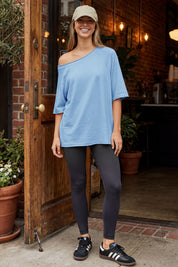 Fisoew Women's Sky Blue Off The Shoulder Tops Oversized  T-Shirts - Fisoew