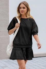 Womens Black Lace Trim Puff Sleeve Two Piece Skirt Set Fisoew