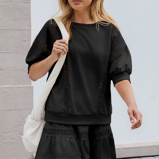 Womens Black Lace Trim Puff Sleeve Two Piece Skirt Set Fisoew - Fisoew