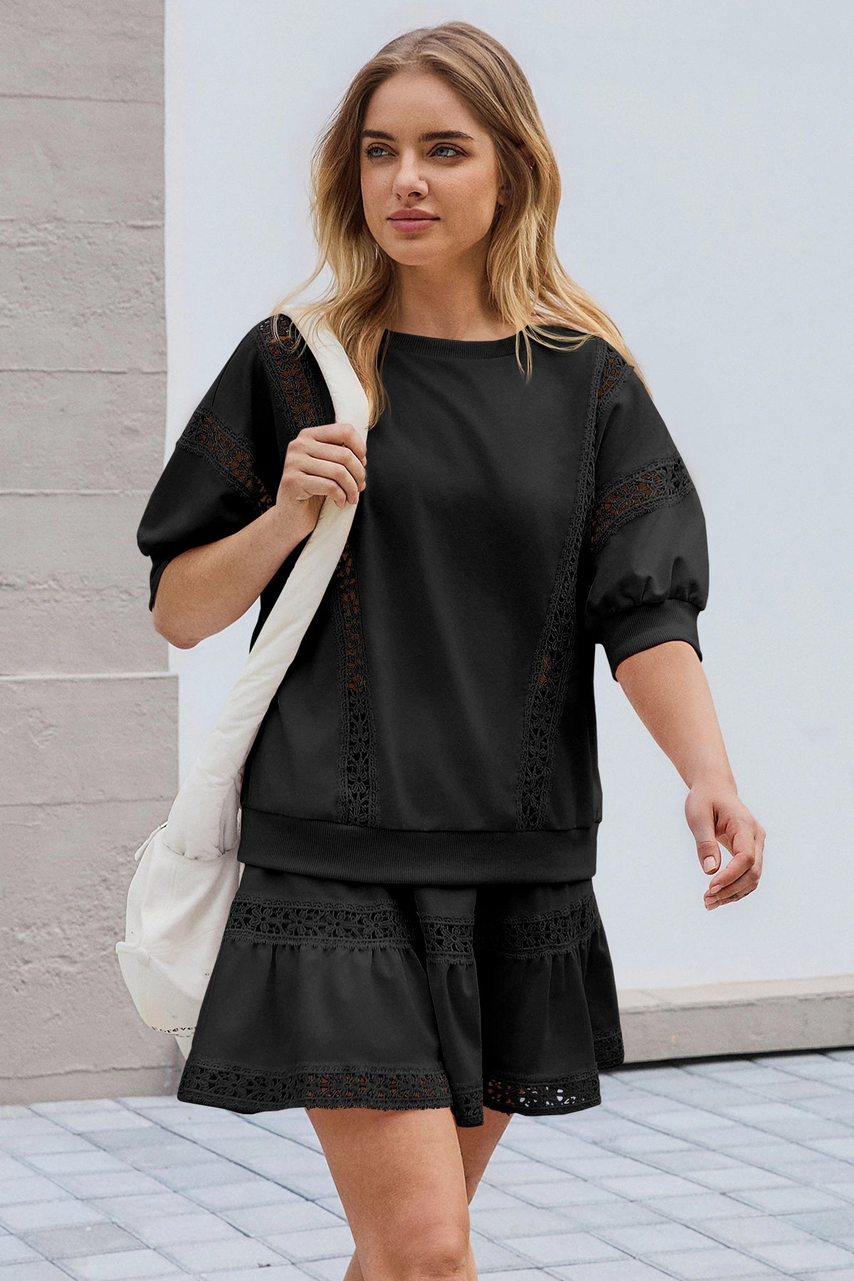 Womens Black Lace Trim Puff Sleeve Two Piece Skirt Set Fisoew - Fisoew