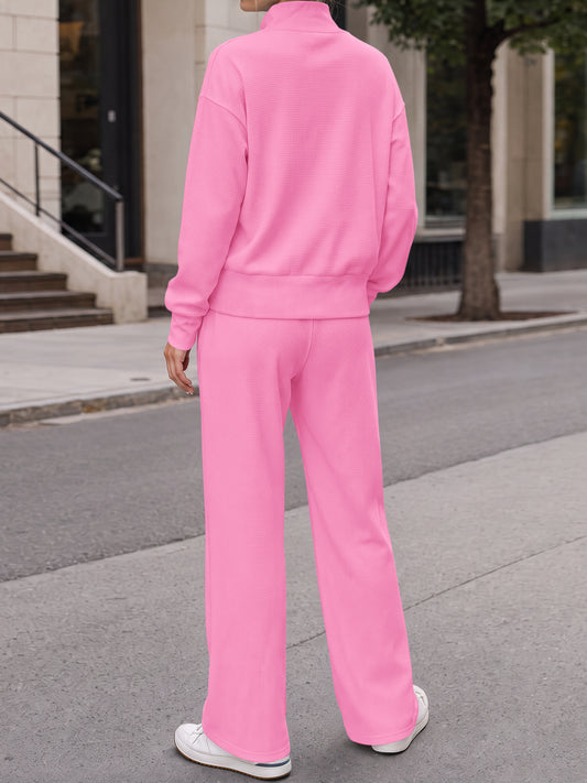 Waffle Knit Sweatshirt With Pants Sets - Fisoew