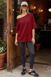 Fisoew Women's Burgundy Off The Shoulder Tops Oversized  T-Shirts - Fisoew