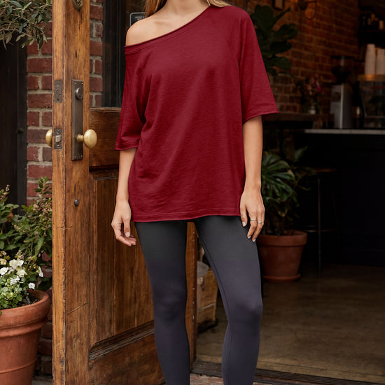Fisoew Women's Burgundy Off The Shoulder Tops Oversized  T-Shirts - Fisoew