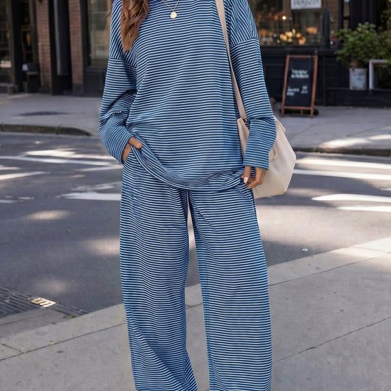 Striped Long Sleeve Top With Wide Leg Pants Set - Fisoew
