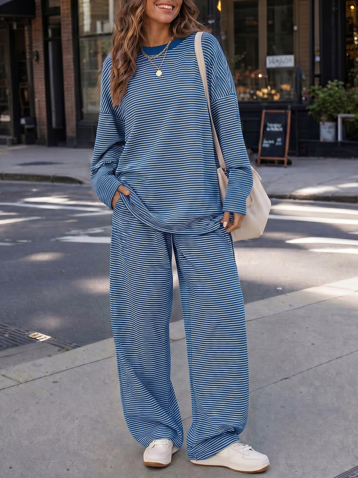 Striped Long Sleeve Top With Wide Leg Pants Set - Fisoew