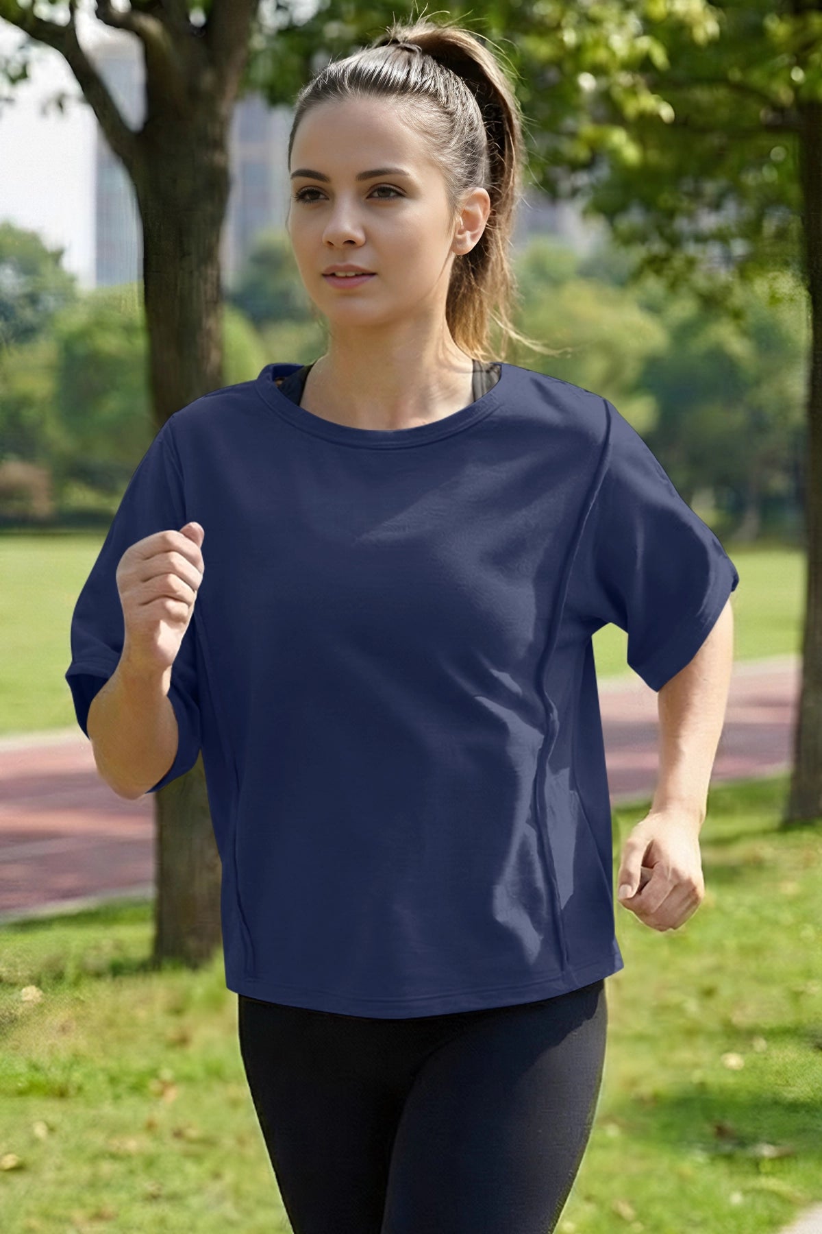 Fisoew Women's Navy Oversized Crop Tops Summer T-Shirt - Fisoew