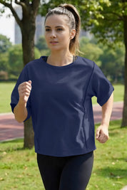 Fisoew Women's Navy Oversized Crop Tops Summer T-Shirt - Fisoew