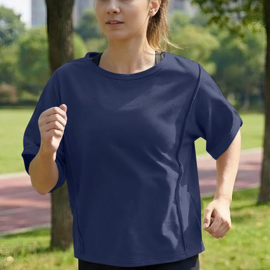 Fisoew Women's Navy Oversized Crop Tops Summer T-Shirt - Fisoew