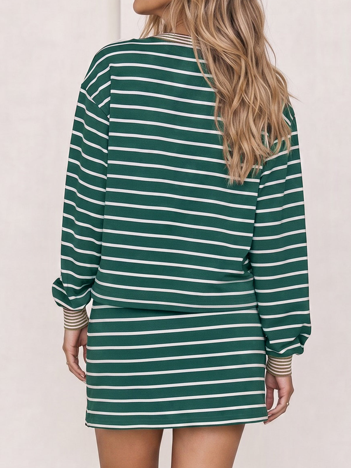Striped Long Sleeve Crop Tops With Skort Sets - Fisoew