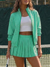 Stripe Zipper Jacket With Pleated Skirt Sets - Fisoew