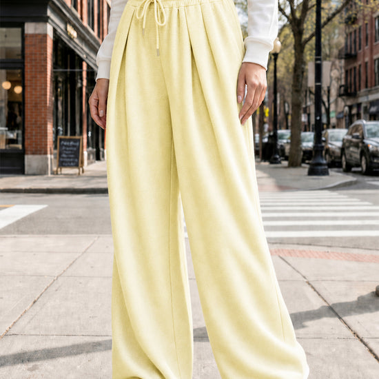 Solid Wide Leg High Waist Pants - Fisoew