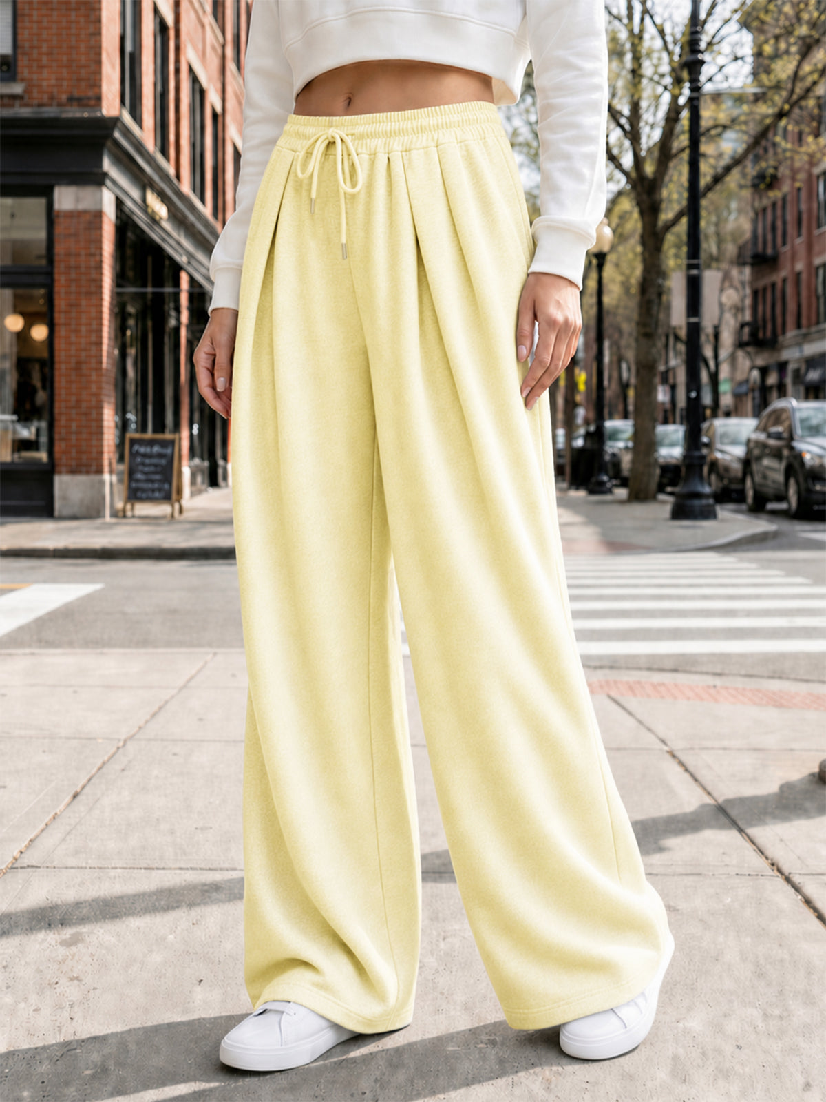 Solid Wide Leg High Waist Pants - Fisoew
