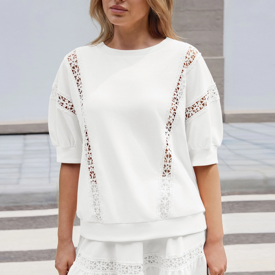 Womens White Lace Trim Puff Sleeve Two Piece Skirt Set Fisoew - Fisoew