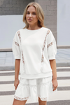 Womens White Lace Trim Puff Sleeve Two Piece Skirt Set Fisoew - Fisoew