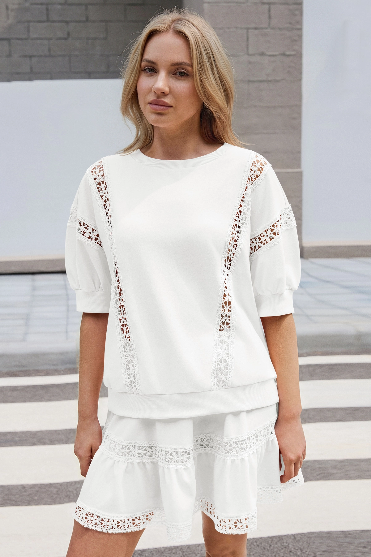 Womens White Lace Trim Puff Sleeve Two Piece Skirt Set Fisoew - Fisoew
