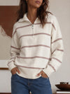 Zip Striped Oversized Turtleneck Pullover Top