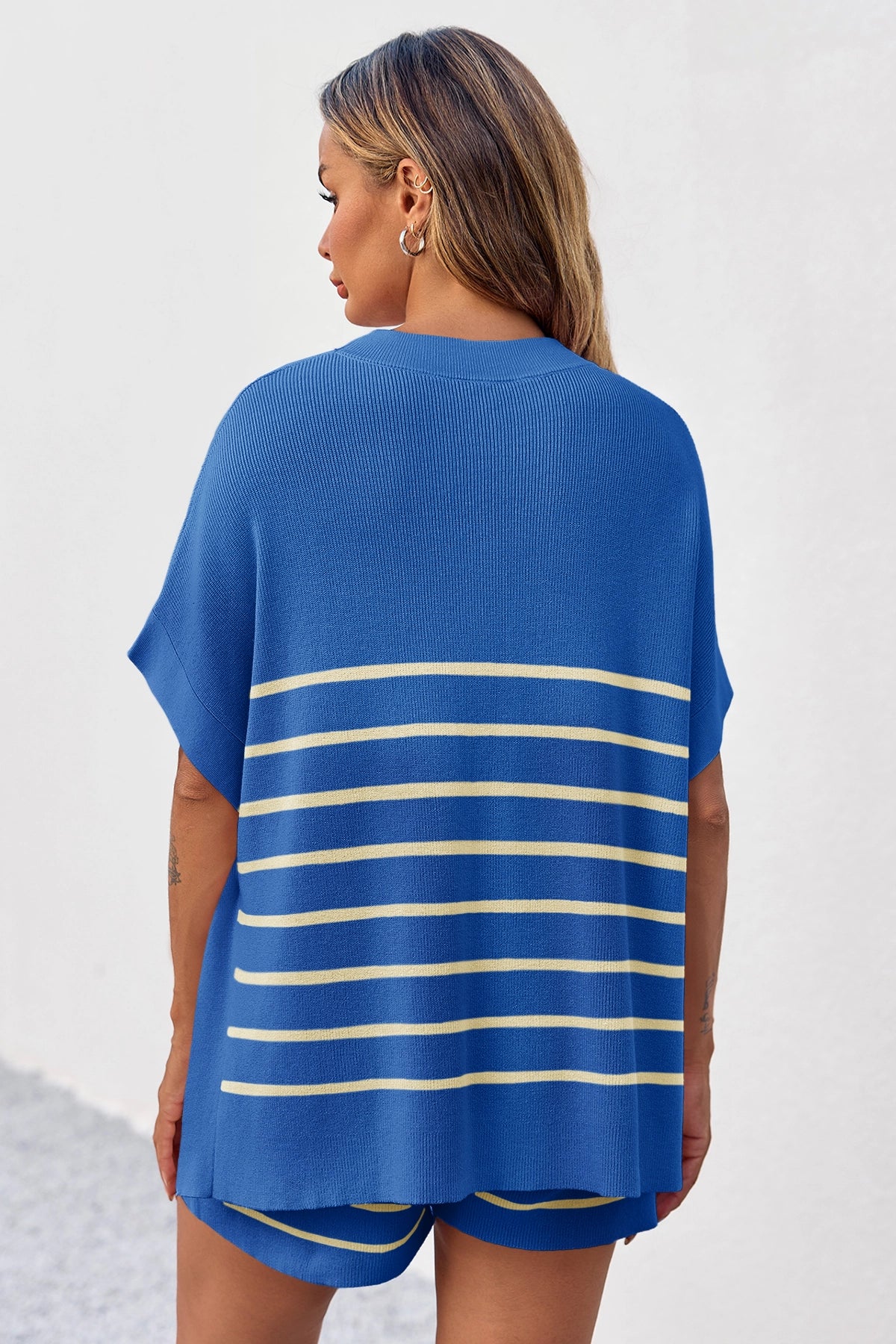 Fisoew Women's Blue Striped Oversized Lounge Short Sets - Fisoew