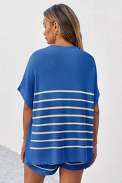 Fisoew Women's Blue Striped Oversized Lounge Short Sets - Fisoew