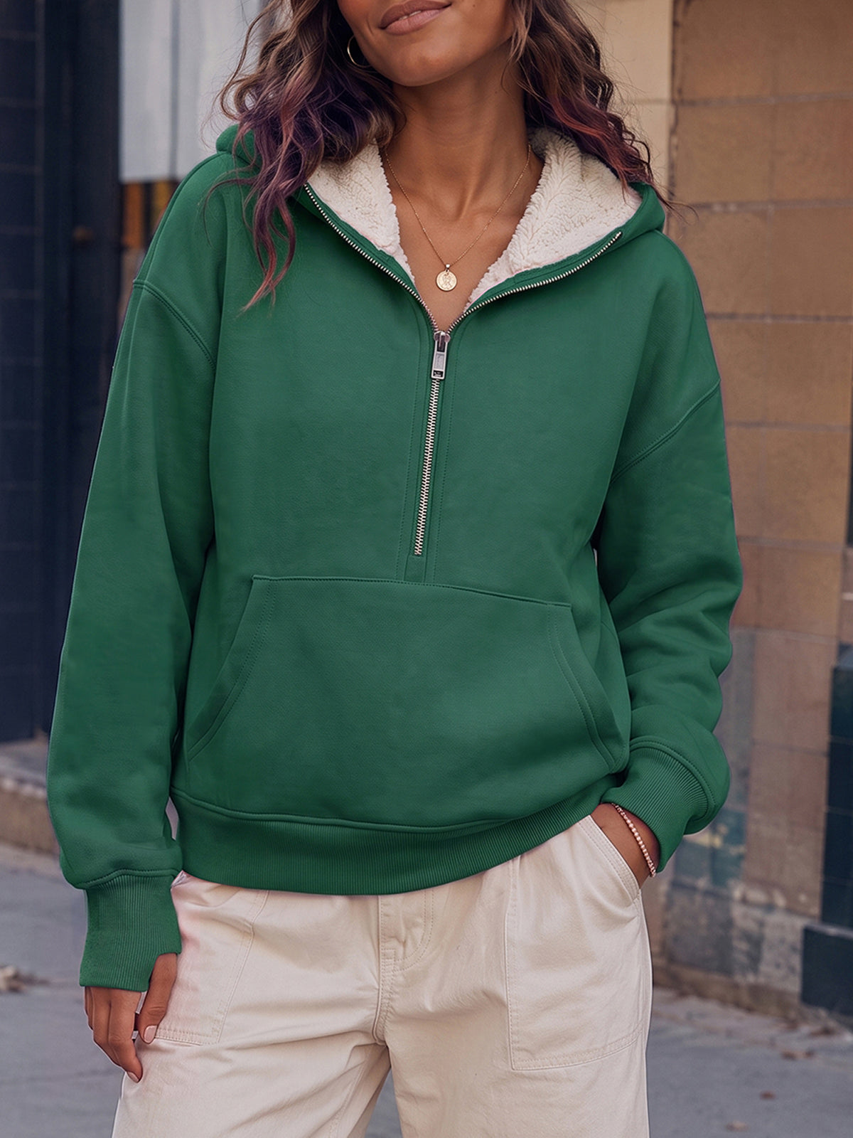 Hoodies Half Zip Fuzzy Fleece Sweatshirts - Fisoew