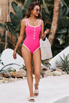 Fisoew Women's Bright Pink Vintage Ribbed Slimming One Piece Swimsuit - Fisoew