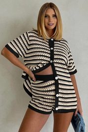 Fisoew Women's Dark Khaki Crochet Striped Knit Swimsuit 2-Piece Set