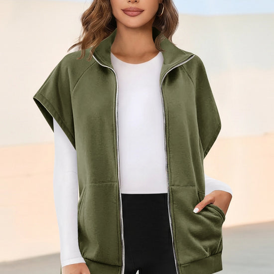 Fisoew Women's Army Green Zip Up Sleeveless Sweatshirts - Fisoew