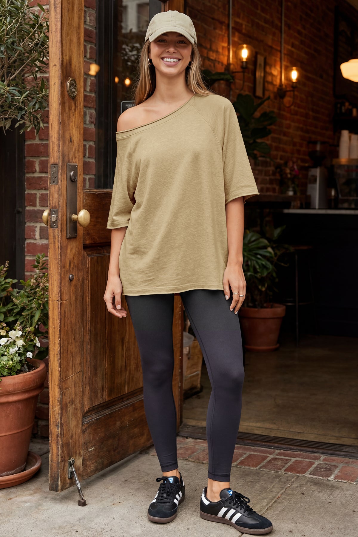 Fisoew Women's Khaki Off The Shoulder Tops Oversized  T-Shirts - Fisoew