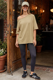 Fisoew Women's Khaki Off The Shoulder Tops Oversized  T-Shirts - Fisoew