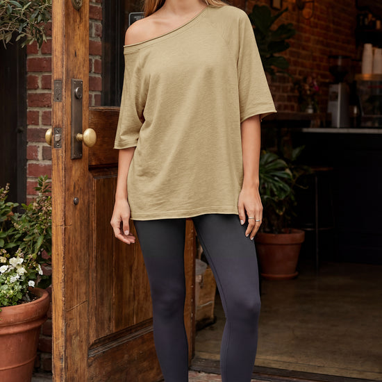 Fisoew Women's Khaki Off The Shoulder Tops Oversized  T-Shirts - Fisoew