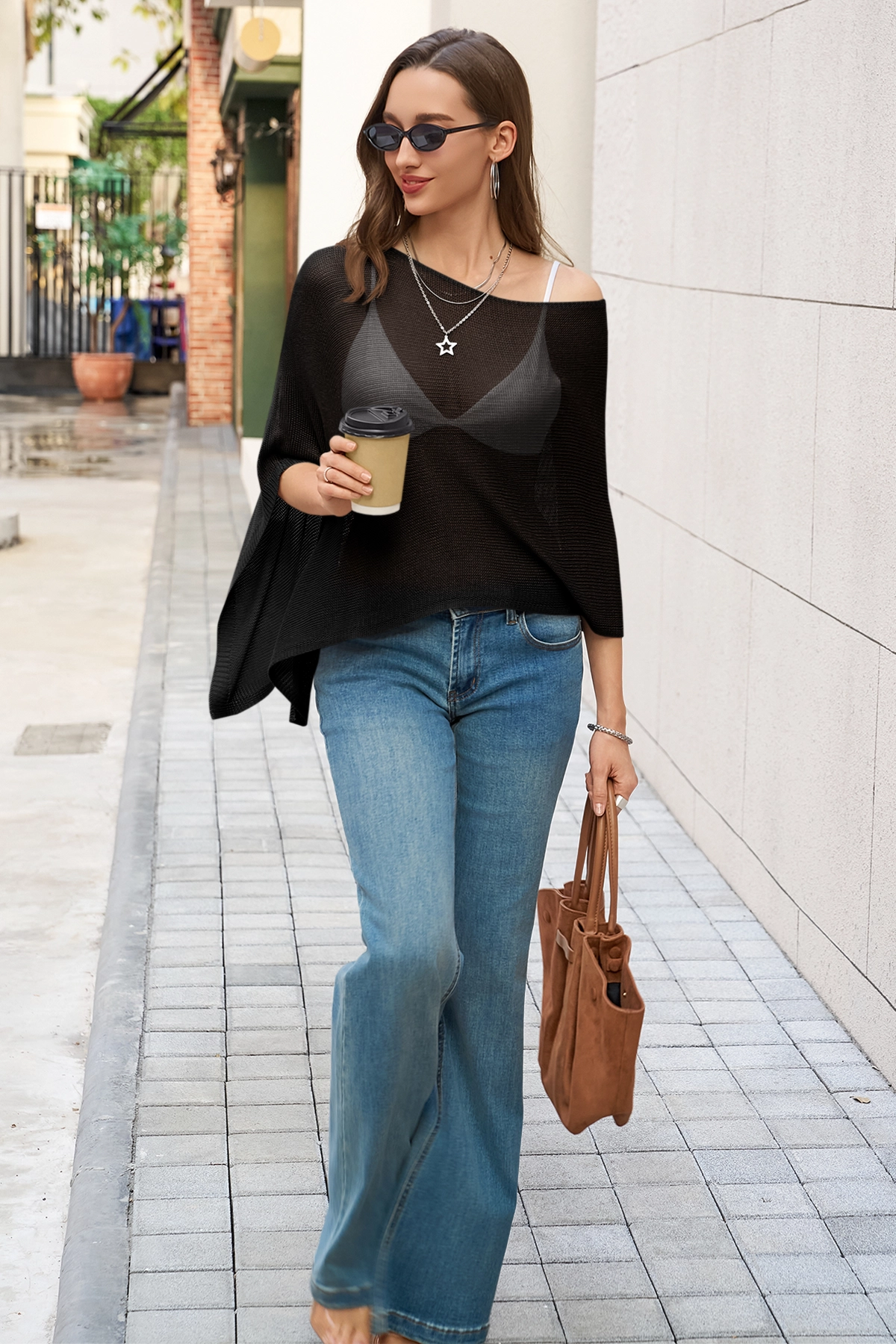 Fisoew Women's Black Sheer Lightweight Knit  Poncho Top - Fisoew
