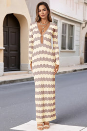 Fisoew Women's Khaki Striped Sexy Crochet Maxi Dress