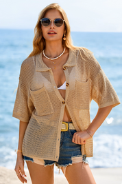 Fisoew Women's Khaki Crochet Lightweight Cardigan Sweaters Cover Up Shirts