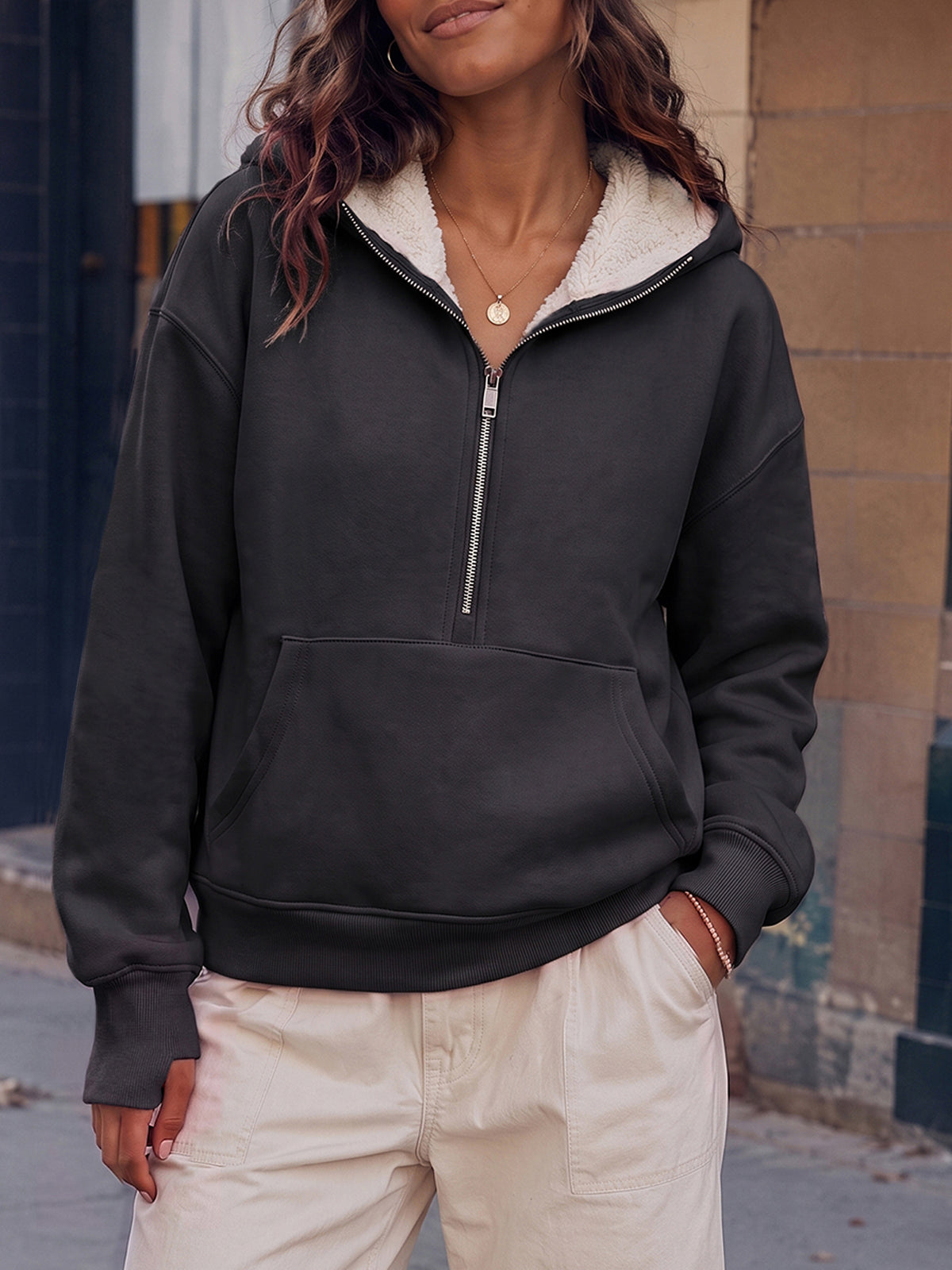 Hoodies Half Zip Fuzzy Fleece Sweatshirts - Fisoew