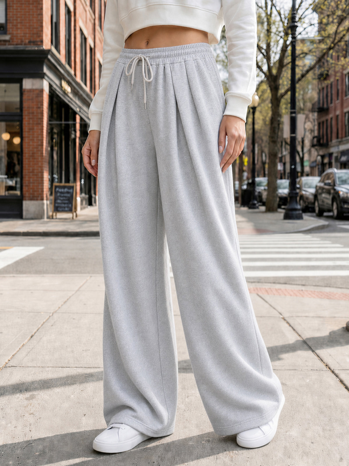 Solid Wide Leg High Waist Pants - Fisoew