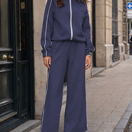 Zip-Up Jacket With Wide-Leg Tracksuit Sets - Fisoew