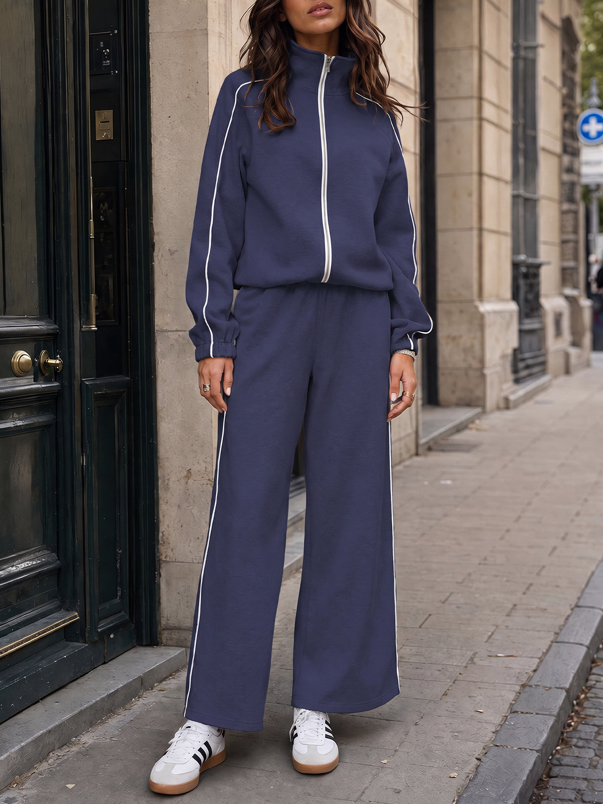 Zip-Up Jacket With Wide-Leg Tracksuit Sets - Fisoew