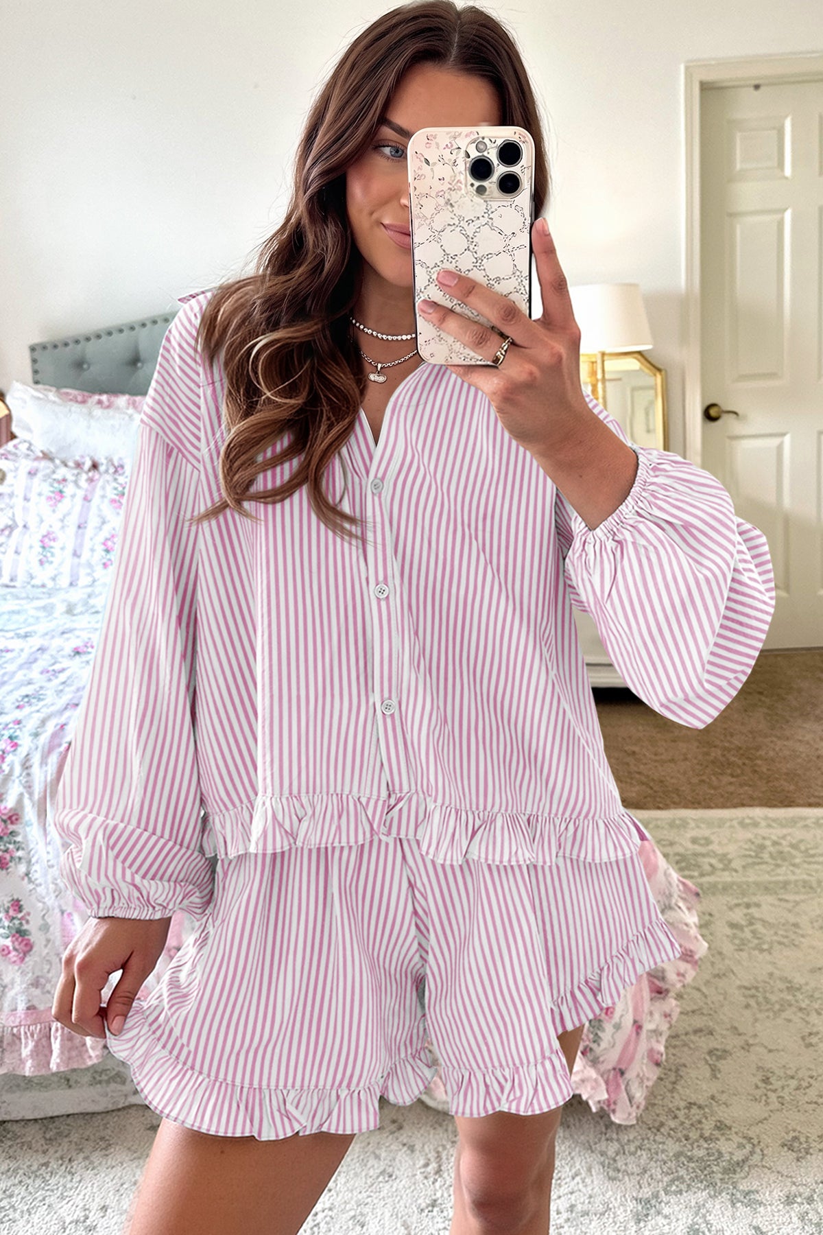 Womens Light Pink Stripe 2Pcs Ruffle Shorts Pajama Set  Fisoew - Fisoew