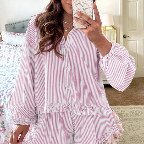 Womens Light Pink Stripe 2Pcs Ruffle Shorts Pajama Set  Fisoew - Fisoew