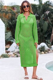 Fisoew Women's Green Collared Long Sleeve Mesh Knit Maxi Dress - Fisoew