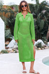 Fisoew Women's Green Collared Long Sleeve Mesh Knit Maxi Dress - Fisoew