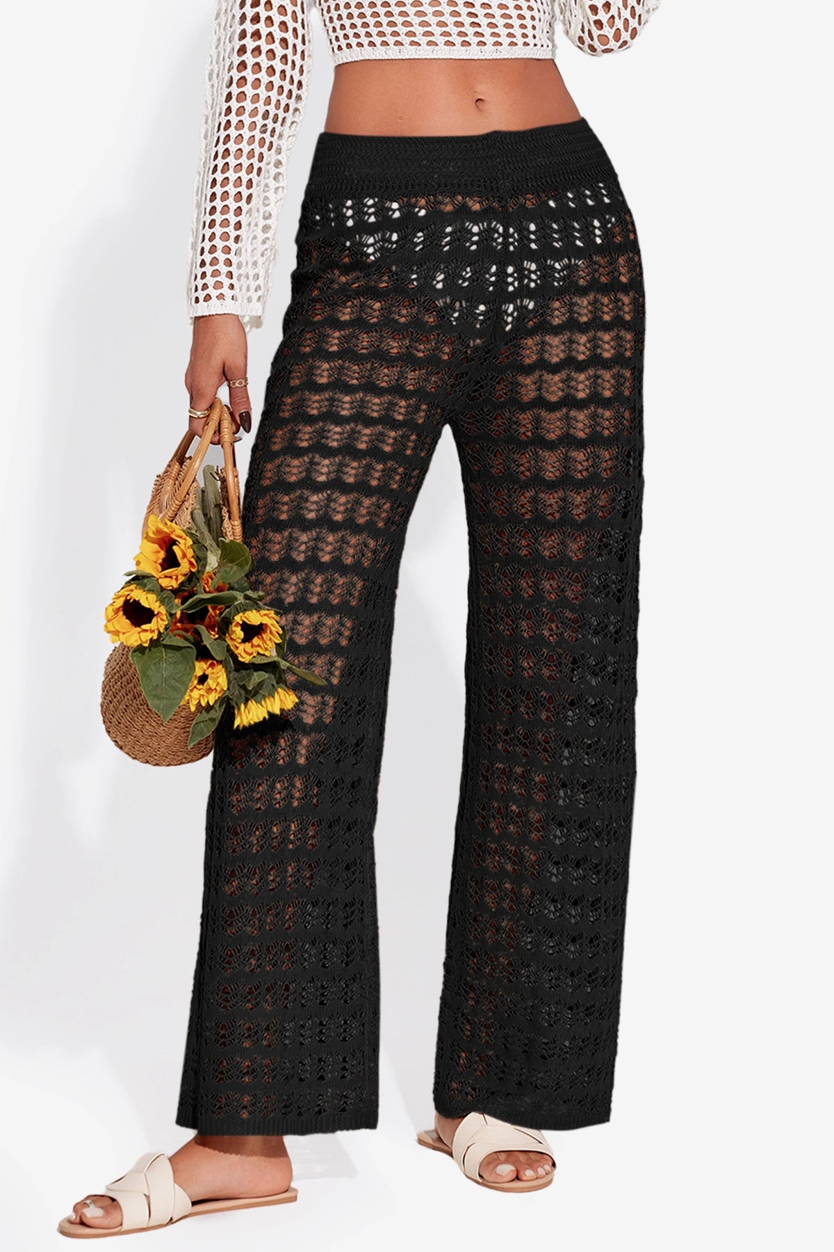 Fisoew Women‘s Black Crochet Sheer Mesh Cover Up Pants - Fisoew