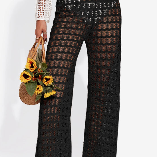 Fisoew Women¡®s Black Crochet Sheer Mesh Cover Up Pants - Fisoew
