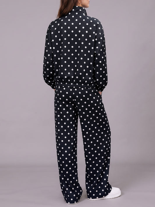 Polka Dot Zip Up Sweatshirt With Wide Leg Pants Sets