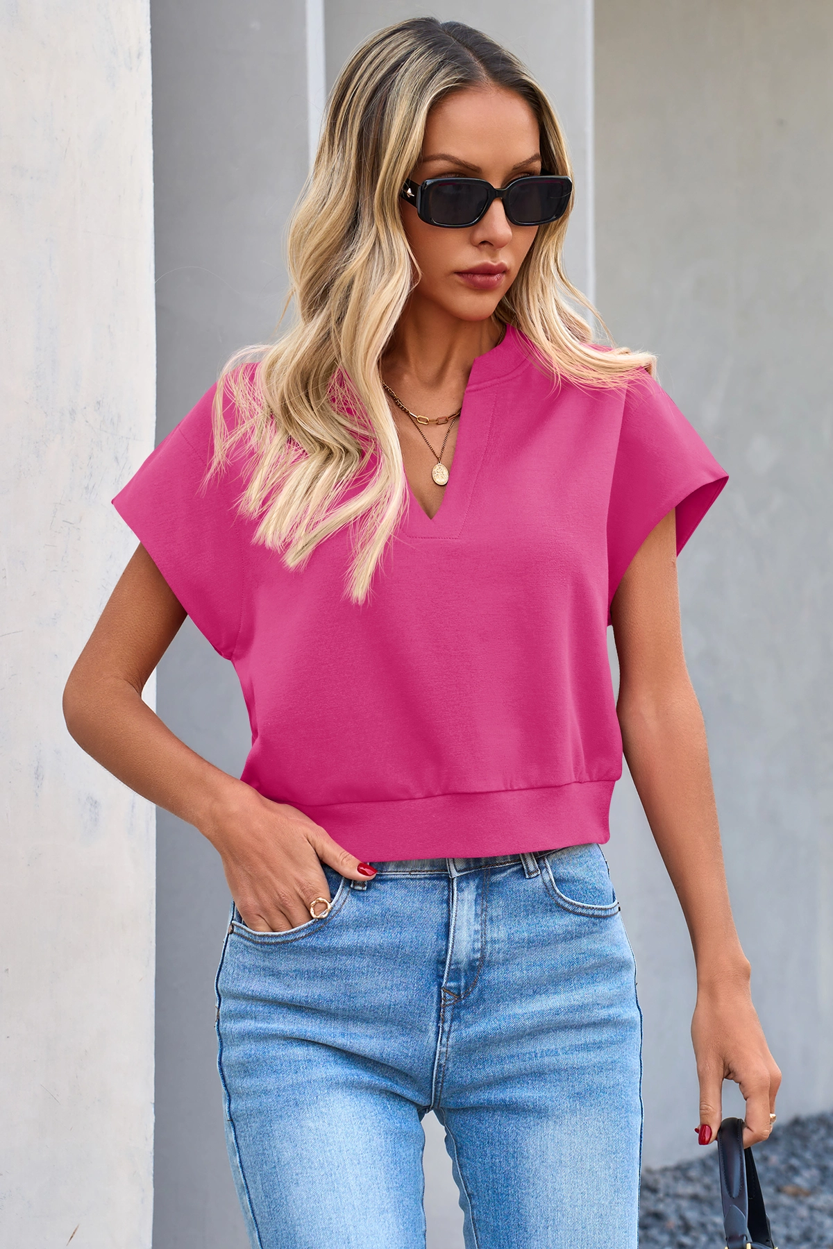 Fisoew Women's Rose Red V Neck Cap Sleeve Casual Loose Fit T Shirts - Fisoew
