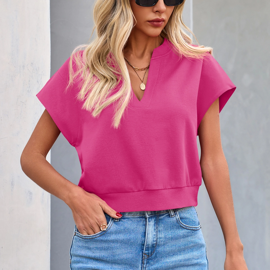 Fisoew Women's Rose Red V Neck Cap Sleeve Casual Loose Fit T Shirts - Fisoew